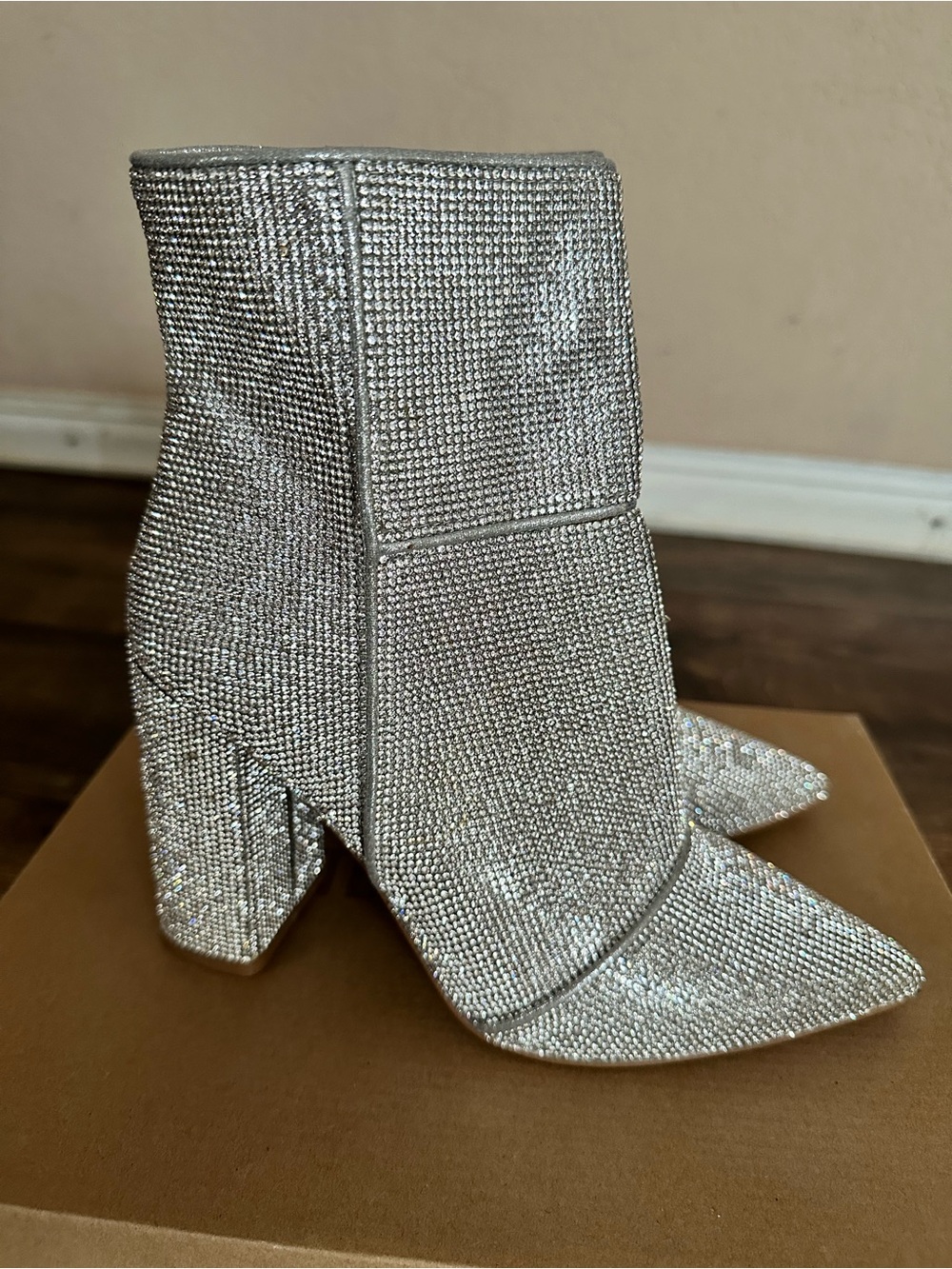 Silver Rhinestone Pointed Toe Block Heel Ankle Boots